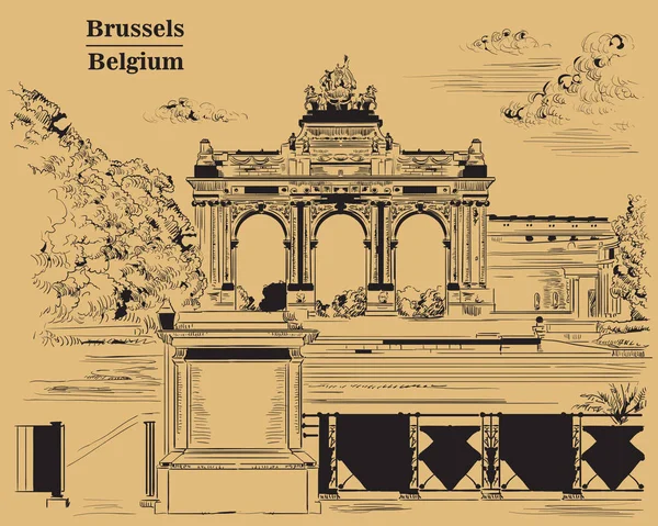 ブリュッセル ベルギー 周年記念の公園で凱旋 ブリュッセルのランドマーク ベクトル手に茶色の背景に分離されたモノクロの図を描画 — ストックベクタ