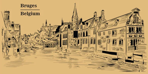 Вид Водоканал Розенхоэд Брюгге Бельгия Ориентир Бельгии Векторный Ручной Рисунок — стоковый вектор