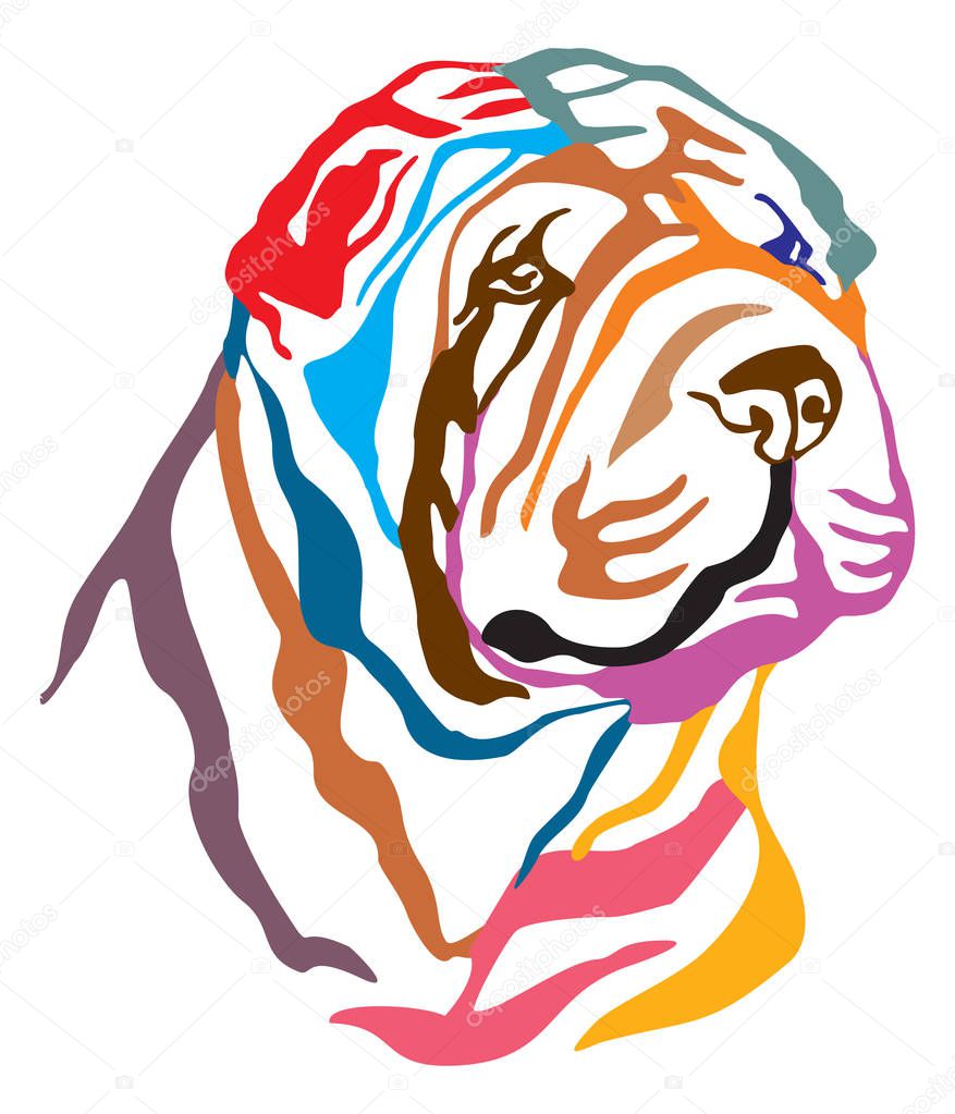 Colorful decorative portrait of Dog Shar Pei, vector illustration in different colors isolated on white background. Image for design and tattoo. 