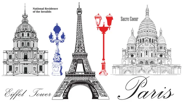 Vector Eiffel Tower National Residence Invalids Sacre Coeur Cathedral Vector — Stock Vector