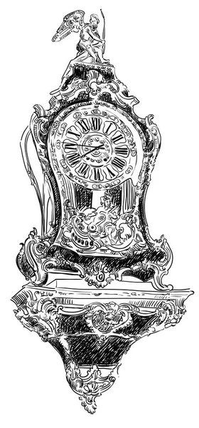 Relógio Barroco Escultura Antiga Desenho Mão Vetorial Ilustração Cor Preta — Vetor de Stock