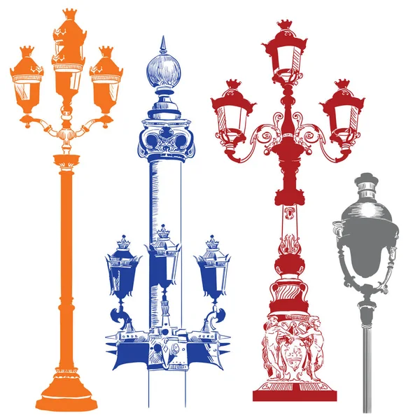 Set Lanterne Antiche Elemento Decorativo Isolato Vettoriale Mano Disegno Illustrazione — Vettoriale Stock