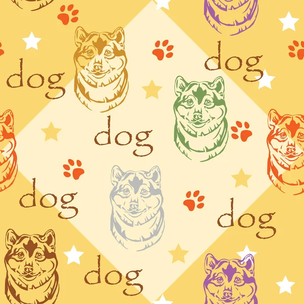 Colorful vector seamless pattern with stars, paws and decorative portrait of dog shiba inu, on yellow background