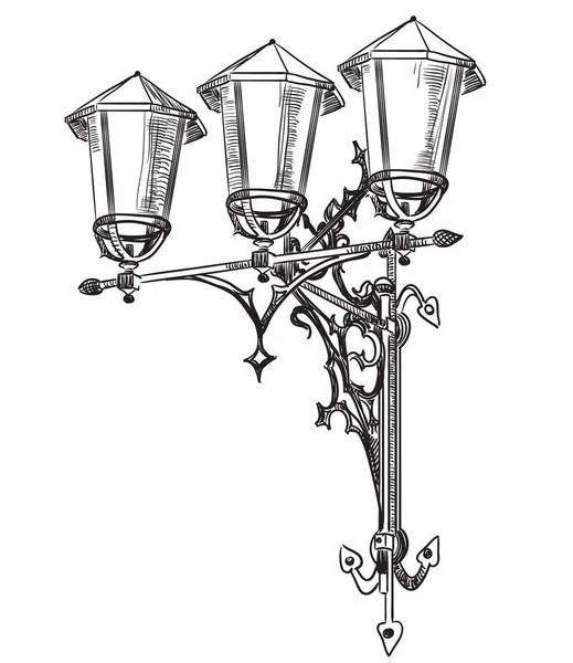 Dessin Main Vieux Vecteur Lampadaire Illustration Monochrome Couleur Noire Isolé — Image vectorielle