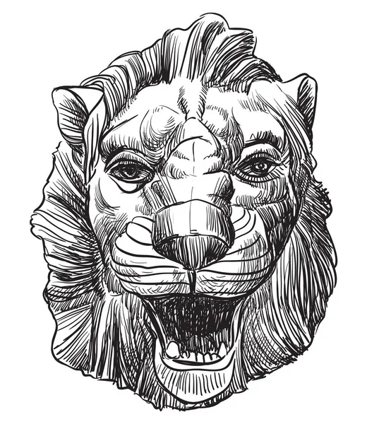 古代浮雕 雕塑以狮子的头形式 矢量手绘插图 黑色背景下的黑颜色隔离 — 图库矢量图片