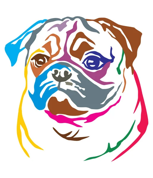 Retrato Decorativo Colorido Cão Pug Ilustração Vetorial Cores Diferentes Isoladas — Vetor de Stock