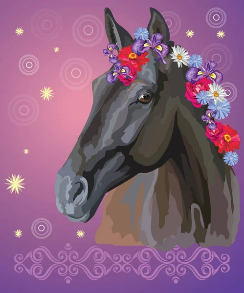 Vektor Bunte Illustration Porträt Eines Schwarzen Pferdes Mit Verschiedenen Blumen — Stockvektor