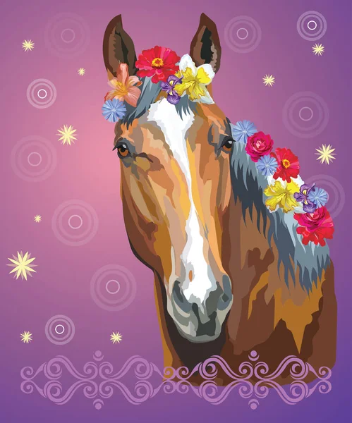 Kleurrijke Vectorillustratie Portret Van Baai Paard Met Verschillende Bloemen Mane — Stockvector