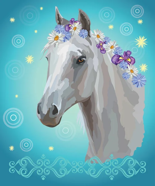 Färgglada Vektorillustration Porträtt Vit Häst Med Olika Blommor Mane Isolerad — Stock vektor