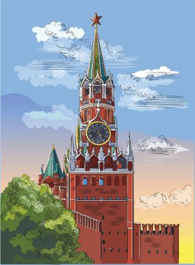 Cityscape Kremlin işçinin Kulesi (Kızıl Meydan, Moskova, Rusya). Renkli izole vektör el illüstrasyon çizimi.