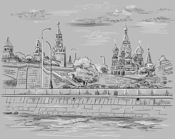 Paisaje Urbano Terraplén Torres Del Kremlin Puente Sobre Río Moscú — Vector de stock