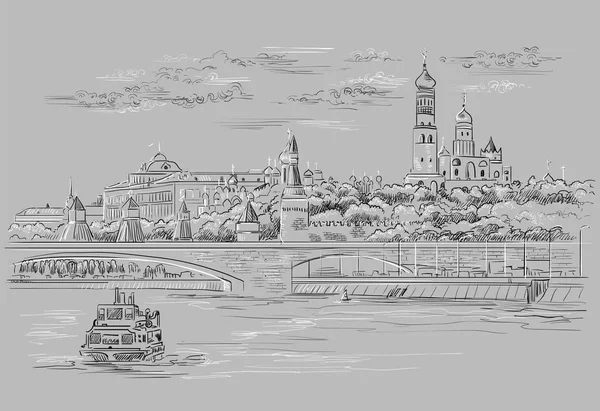 莫斯科河 莫斯科红场 俄罗斯 的克里姆林宫塔楼和桥梁的堤防的城市景观 在灰色背景上绘制黑色和白色的矢量手绘图 — 图库矢量图片