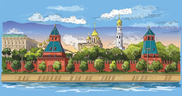 Paisaje Urbano Terraplén Torres Del Kremlin Río Moscú Plaza Roja — Archivo Imágenes Vectoriales