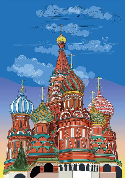 Catedral São Basílio Kremlin Moscou Rússia Ilustração Desenho Mão Vetorial — Vetor de Stock