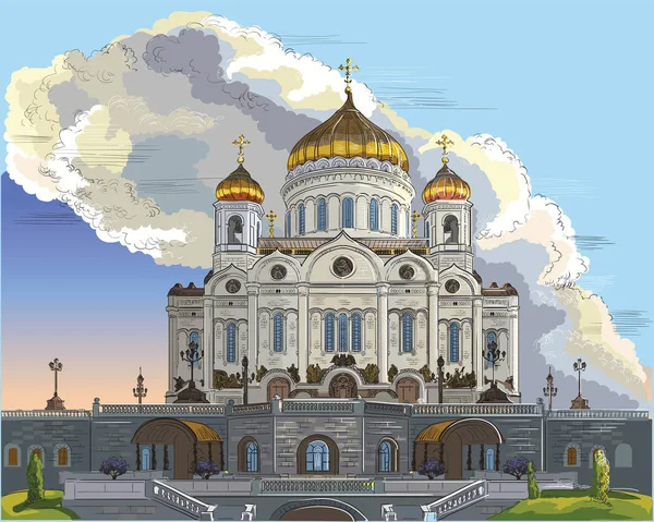 Paisaje Urbano Catedral Cristo Salvador Moscú Rusia Ilustración Dibujo Mano — Vector de stock