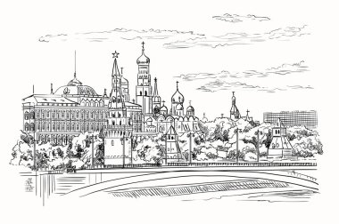 Cityscape Kremlin kuleleri ve Moskova Nehri (Kızıl Meydan, Moskova, Rusya) izole vektör köprüden set of el Beyaz arka plan üzerinde siyah renkli çizim şekil