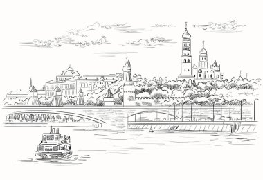 Cityscape Kremlin kuleleri ve Moskova Nehri (Kızıl Meydan, Moskova, Rusya) izole vektör köprüden set of el Beyaz arka plan üzerinde siyah renkli çizim şekil