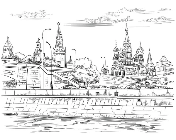 Cityscape Aterro Torres Kremlin Ponte Através Rio Moscou Praça Vermelha — Vetor de Stock