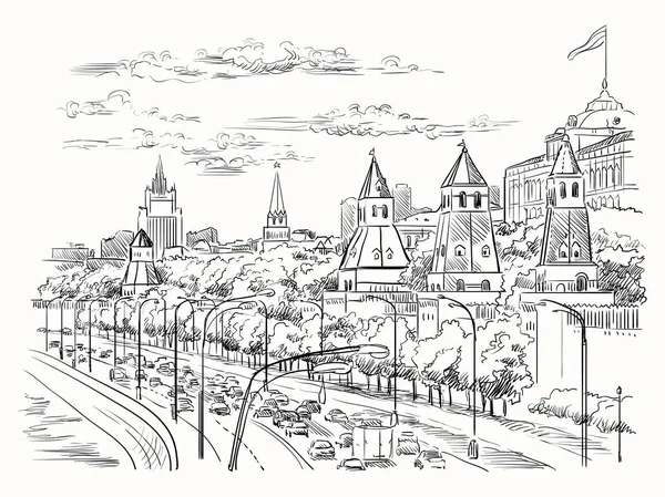 Stadsbilden Banvallen Kreml Torn Och Moskva Floden Röda Torget Moskva — Stock vektor