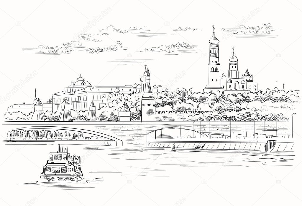 Cityscape of embankment of Kremlin towers and bridge across Moscow river (Red Square, Moscow, Russia) isolated vector hand drawing illustration in black color on white background
