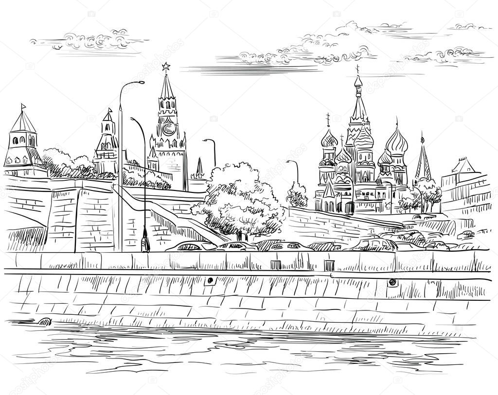 Cityscape of embankment of Kremlin towers and bridge across Moscow river (Red Square, Moscow, Russia) isolated vector hand drawing illustration in black color on white background