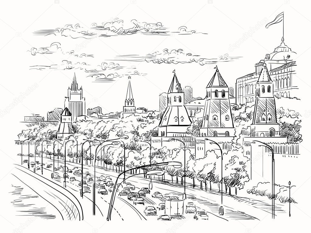 Cityscape of embankment of Kremlin towers and Moscow river (Red Square, Moscow, Russia) isolated vector hand drawing illustration in black color on white background