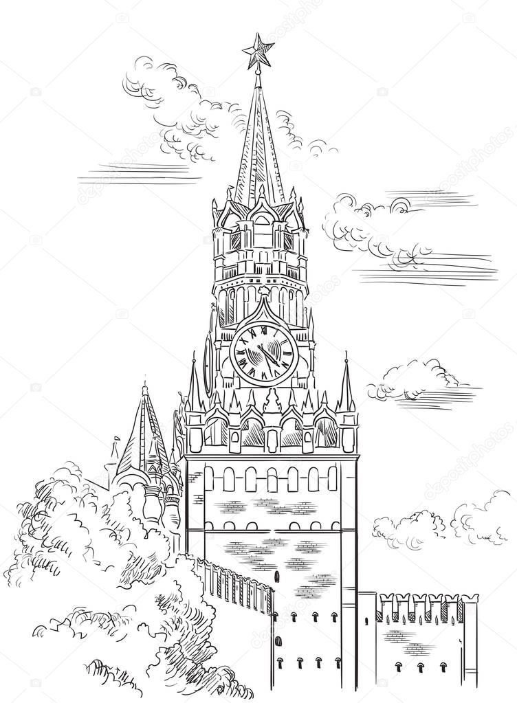 Cityscape of Kremlin Spasskaya tower (Red Square, Moscow, Russia) isolated vector hand drawing illustration in black color on white background