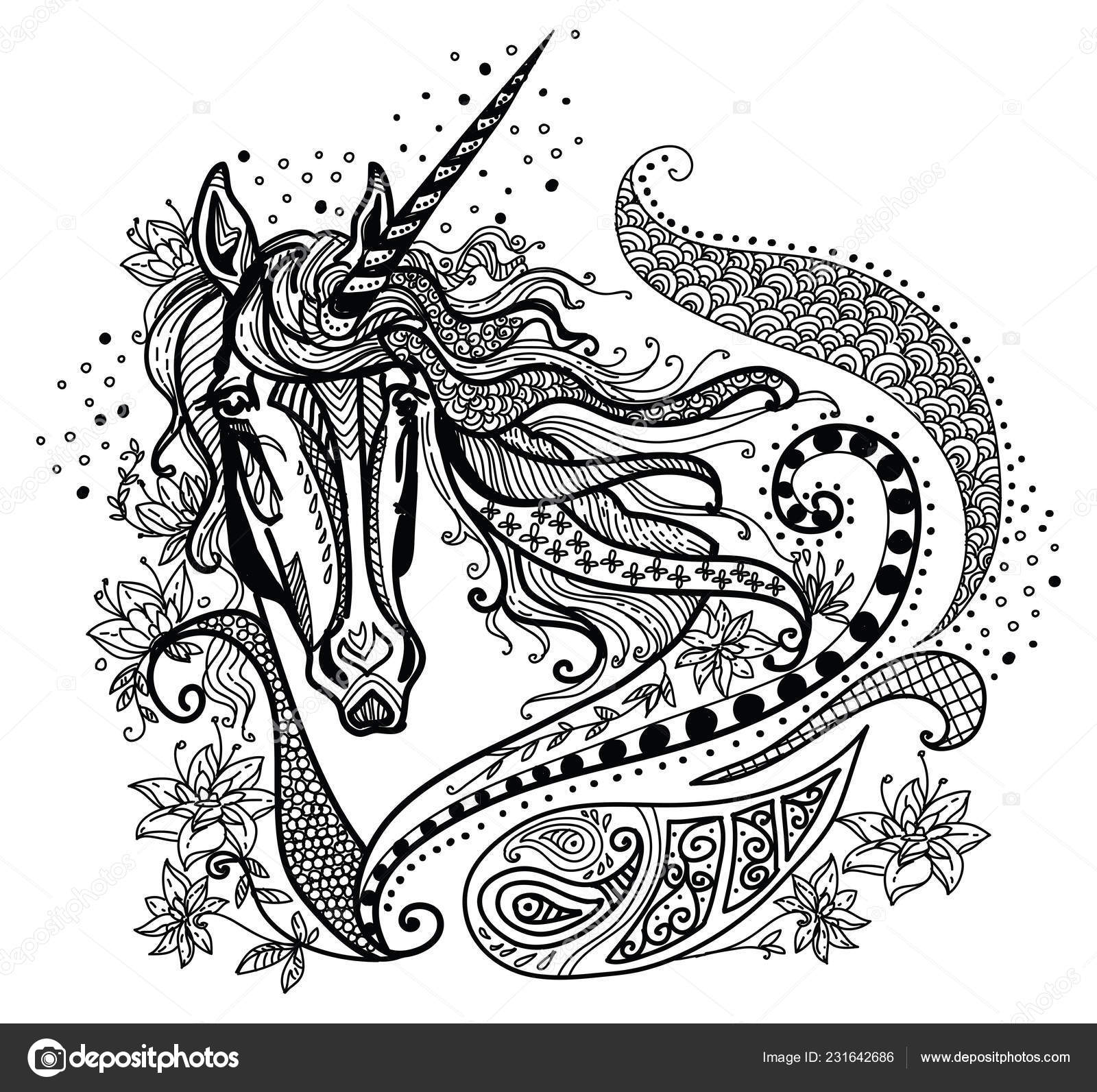 Vector Hand Drawing Illustration Zentangle Unicorn Black Color Isolated
