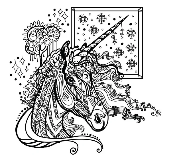 Vektor Gambar Tangan Ilustrasi Zentangle Unicorn Dalam Warna Hitam Diisolasi - Stok Vektor