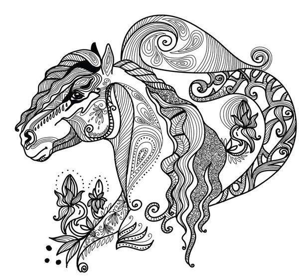 Dibujo Mano Vectorial Ilustración Zentangle Caballo Color Negro Aislado Sobre — Vector de stock