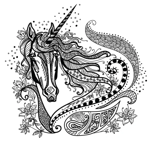 Vektor Gambar Tangan Ilustrasi Zentangle Unicorn Dalam Warna Hitam Diisolasi - Stok Vektor