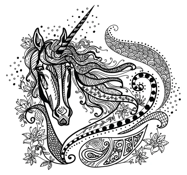 Illustration Vectorielle Dessin Main Zentangle Licorne Couleur Noire Isolée Sur — Image vectorielle