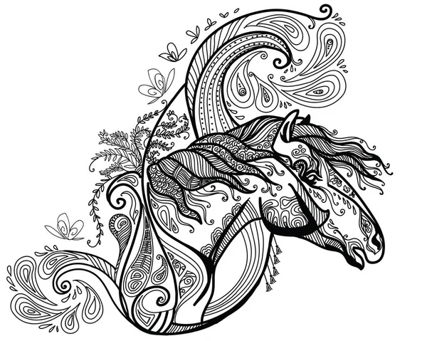 Vektor Gambar Tangan Gambar Kuda Zentangle Dalam Warna Hitam Terisolasi - Stok Vektor