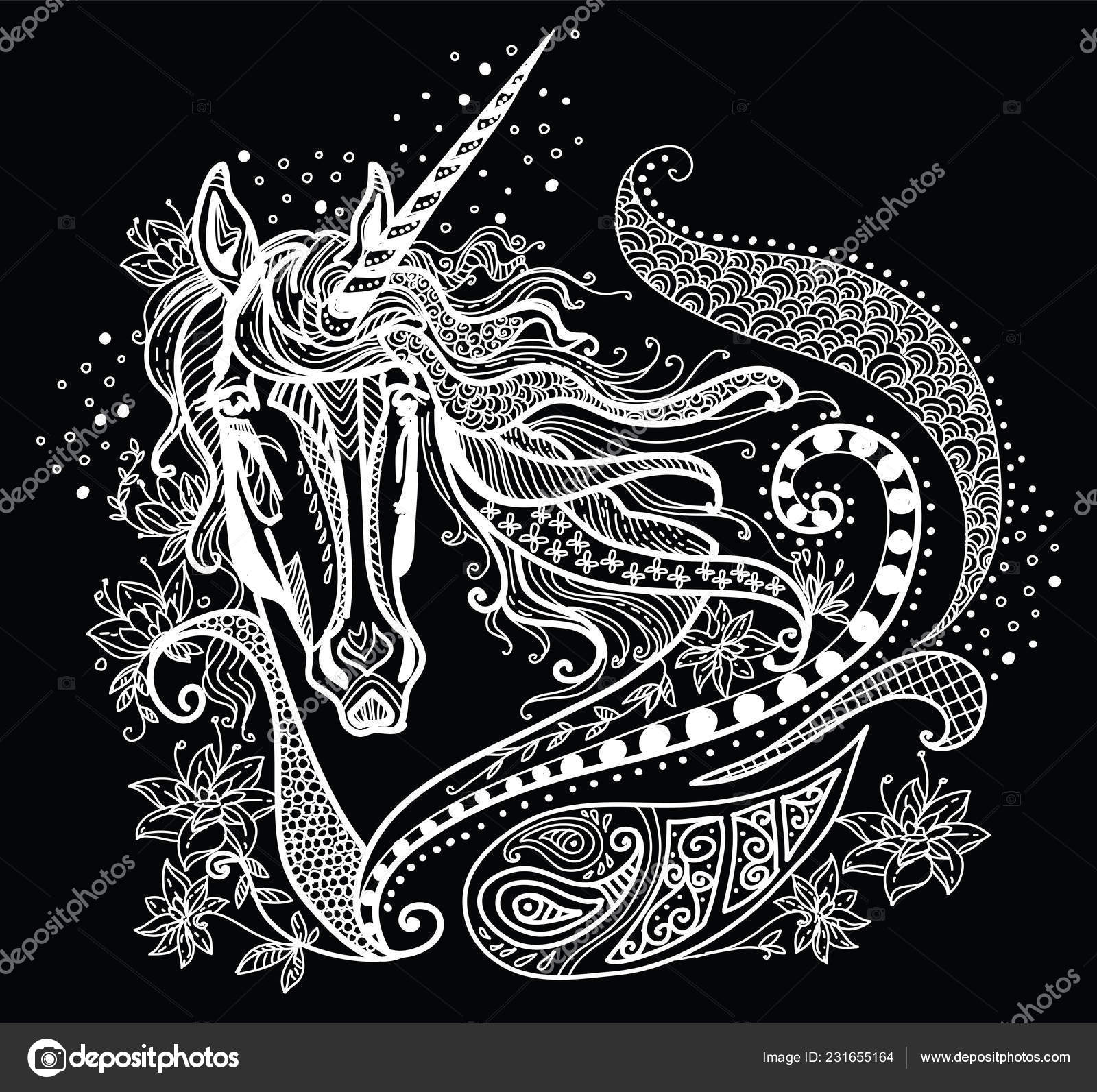 Vector Hand Drawing Illustration Zentangle Unicorn White Color Isolated Black — Stock Vector ...