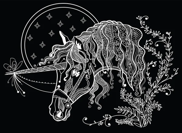 Vektor Gambar Tangan Ilustrasi Zentangle Unicorn Dengan Warna Putih Terisolasi - Stok Vektor