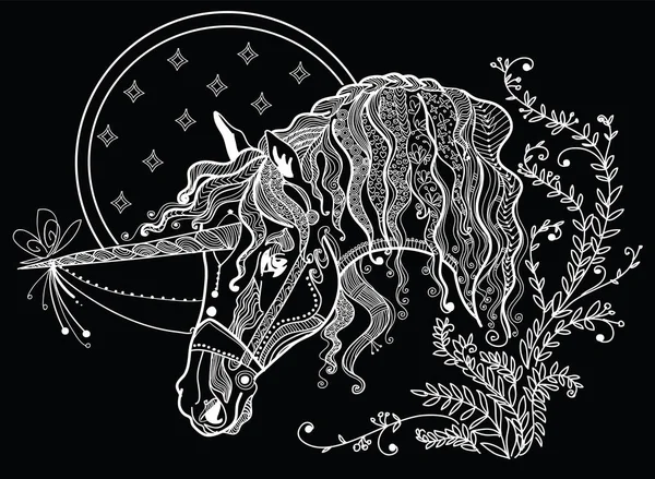 Hand Van Vector Illustratie Zentangle Unicorn Tekening Witte Kleur Geïsoleerd — Stockvector