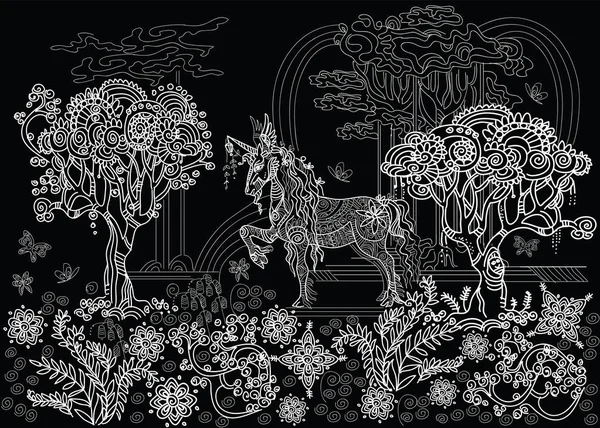 Векторний Малюнок Рук Ілюстрація Зунгл Єдинорога Деревами Рослинами Білому Кольорі — стоковий вектор