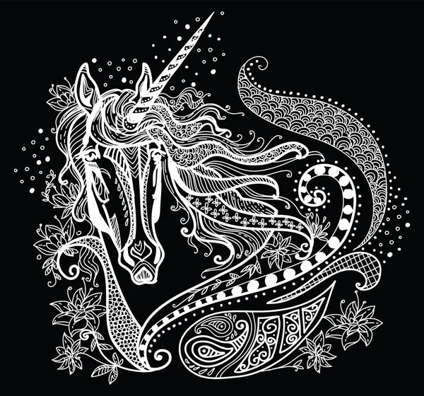 Vektor Gambar Tangan Ilustrasi Zentangle Unicorn Dengan Warna Putih Terisolasi - Stok Vektor