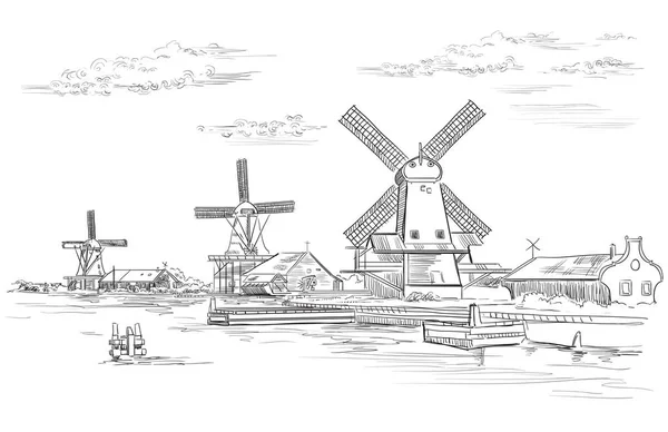 Vector Hand Tekenen Illustratie Van Watermolen Amsterdam Nederland Holland Mijlpaal — Stockvector