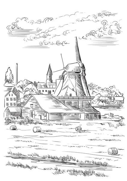 ベクトルは手のアムステルダム オランダ オランダ 水車小屋の図面の図です オランダのランドマーク ベクトル手に白い背景の分離された黒い色で図を描画 — ストックベクタ