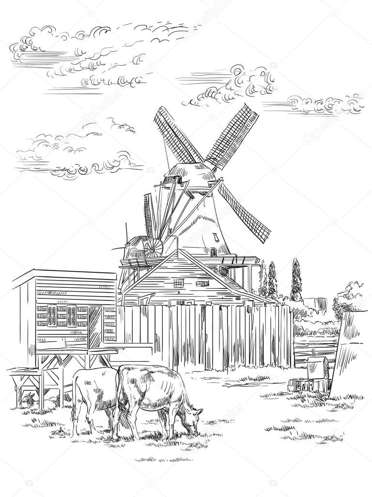 Vector hand drawing Illustration of watermill in Amsterdam (Netherlands, Holland). Landmark of Holland. Watermill and cows grazing on the meadow. Vector hand drawing illustration in black color isolated on white background.