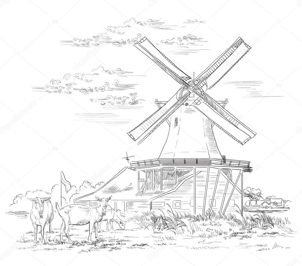 Vector hand drawing Illustration of watermill in Amsterdam (Netherlands, Holland). Landmark of Holland. Watermill and goats grazing on the pasture. Vector hand drawing illustration in black color isolated on white background.