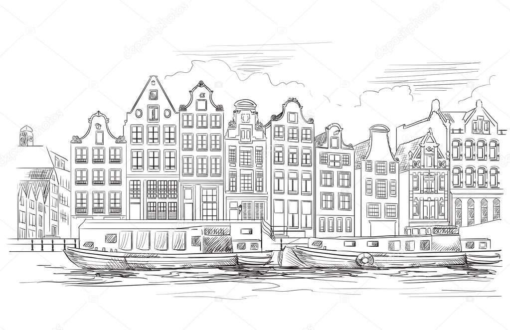 Houses on riverbank. Canal of Amsterdam, Netherlands. Landmark of Netherlands. Vector hand drawing illustration in black color isolated on white background.