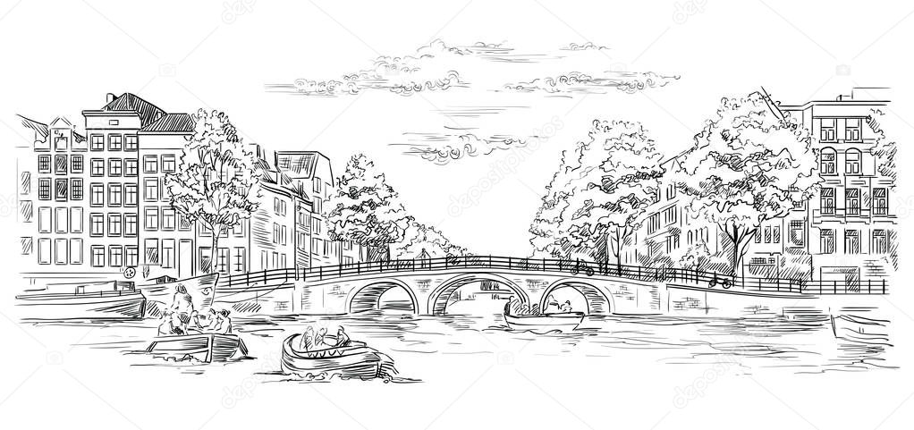 Bridge over the canals of Amsterdam, Netherlands. Landmark of Netherlands. Vector hand drawing illustration in black color isolated on white background.