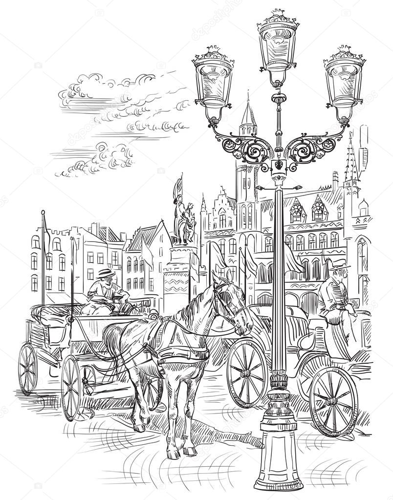 View on Grote Markt square in medieval city Bruges, Belgium. Landmark of Belgium. Horses, carriages and lanterns on market square in Bruges. Vector hand drawing illustration in black color isolated on white background.