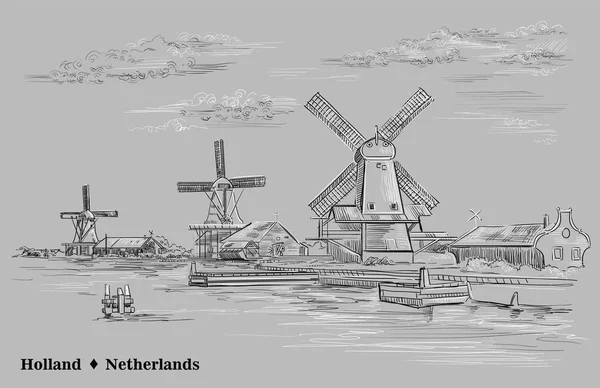 Vector Hand Drawing Illustration Watermills Holland Netherlands View Embankment Pier — Stock Vector