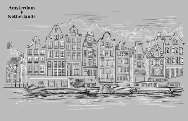 Näkymä Kanaville Penkereelle Taloihin Veneisiin Amsterdamissa Alankomaissa Alankomaiden Maamerkki Vektori — vektorikuva