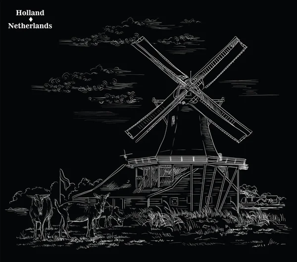 Dessin Vectoriel Main Illustration Moulin Eau Landmark Amsterdam Pays Bas — Image vectorielle