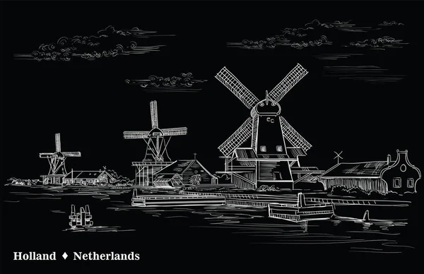 Dessin Vectoriel Main Illustration Moulin Eau Amsterdam Pays Bas Hollande — Image vectorielle