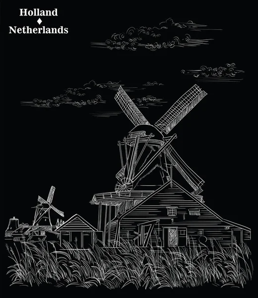 Dessin Vectoriel Main Illustration Moulin Eau Landmark Amsterdam Pays Bas — Image vectorielle